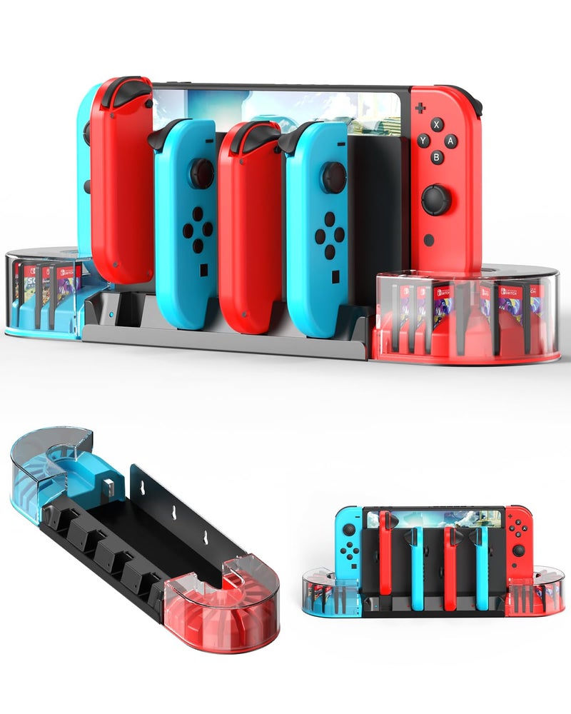 KUNSLUCK Switch Wall Mount with Joy-Con Charger, Wall Mount Switch Charging Dock Station with 20 Game Card Storage and 6 Charger for Joy-Con (Black) - Image 1